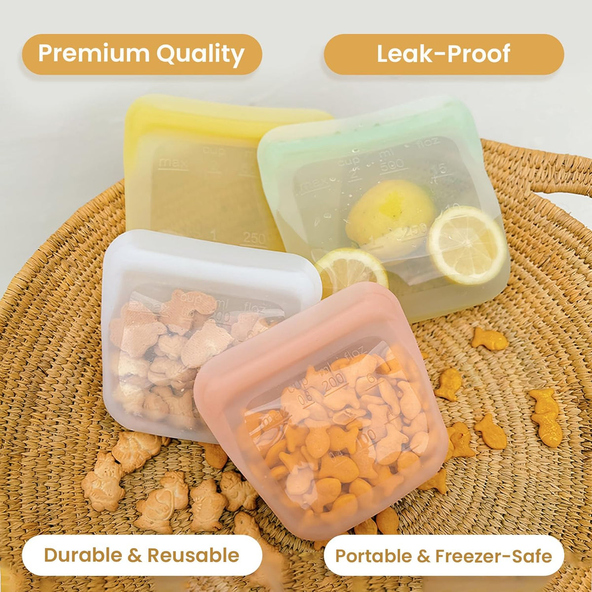 purifyou Set of 5 Reusable Silicone Storage Snack Bags 6oz / 16oz / 32oz / 64oz Self-Seal Food Storage Container for Fruits, Vegetables, Sandwiches, Dishwasher Safe & Leak-free (LimeCream, 16oz)