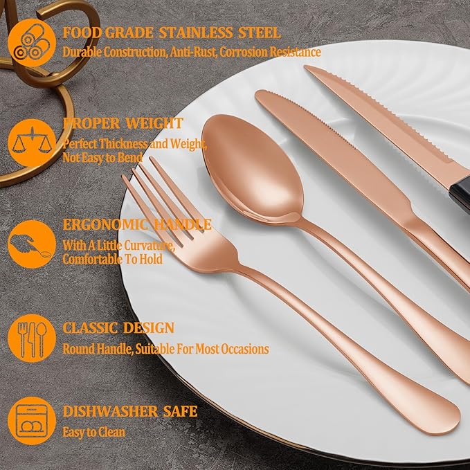 24 Pcs Rose Gold Silverware Set with Steak Knives Service for 4,Stainless Steel Flatware Set,Mirror Polished Cutlery Utensil Set, Kitchen Eating Tableware,Include Fork Knife Spoon Set,Dishwasher Safe