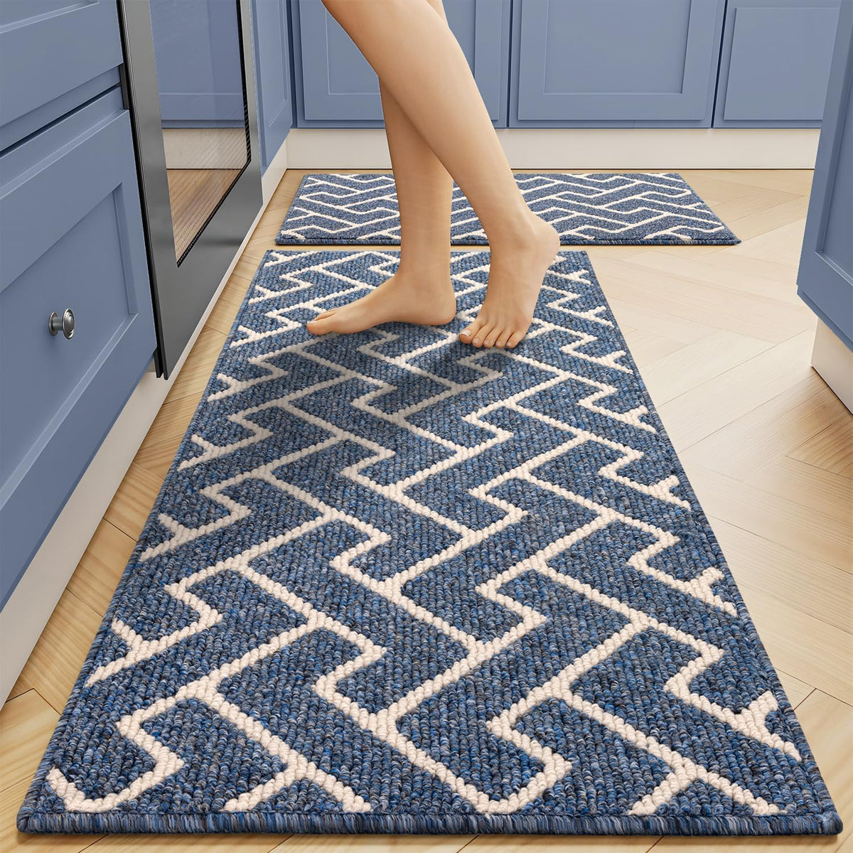 hicorfe Kitchen Rugs and Mats Sets,Non-Slip 2 Pieces Absorbent 100% Polypropylene Rug,Comfort Kitchen Runner Mat,Washable for Kitchen,Sink,Laundry(20" x 31.5" Plus 20" x 48",Navy Blue)