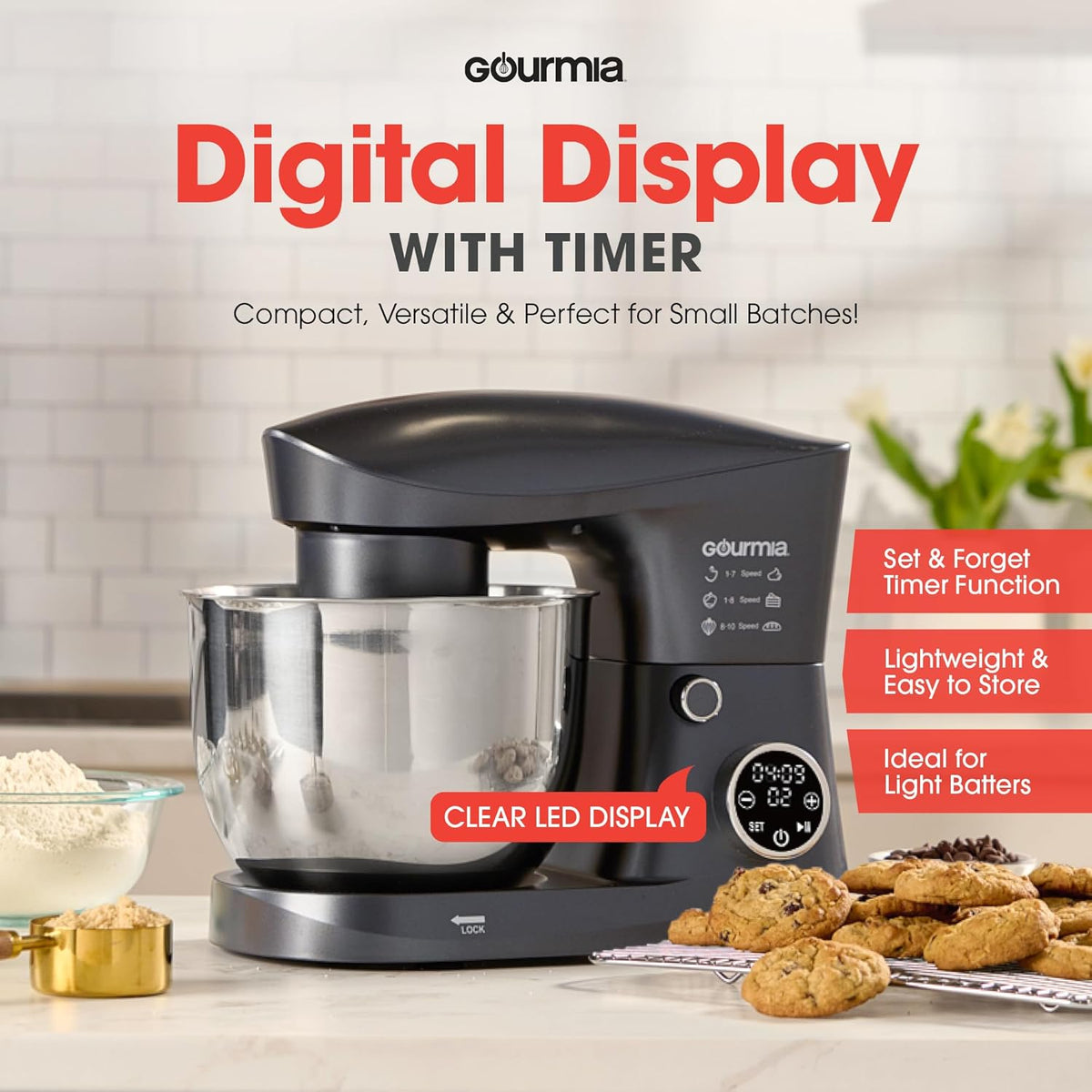 Gourmia 5 Quart Digital Electric Stand Mixer with Attachments, Bowl Shield, Dough Hook, Whisk and Beater - LED Display Timer - 10 Speed Kitchen Countertop Dough Maker Machine for Bread, Cake, Cookies