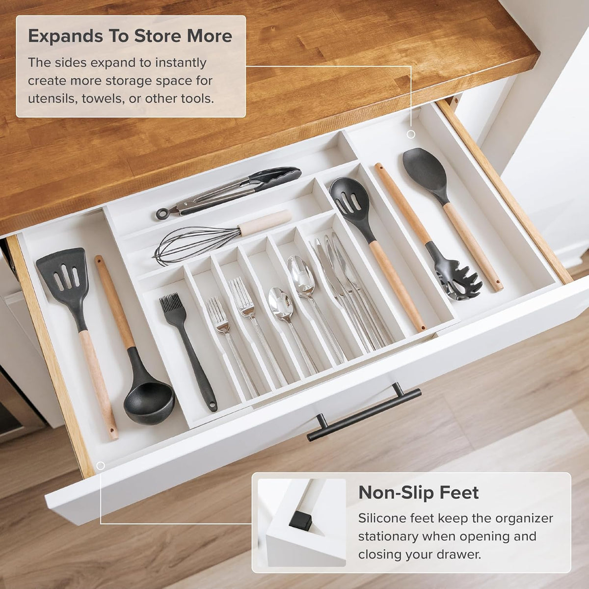 KitchenEdge Premium Silverware, Flatware and Utensil Organizer for Kitchen Drawers, Food-Safe Contract Grade, Expandable from 18 to 33 In, White Bamboo