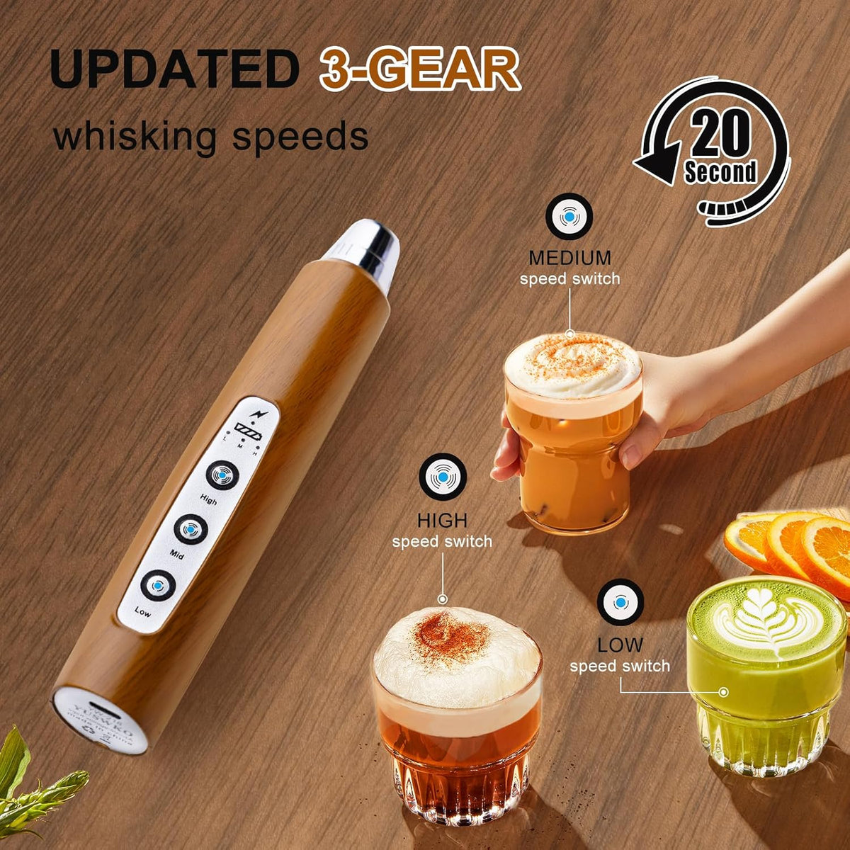 YUSWKO Wood Grain Handheld Milk Frother Wand for Coffee, Rechargeable Electric Whisk with 3 Heads 3 Speeds Drink Mixer Coffee Frother For Latte, Cappuccino, Hot Chocolate, Egg