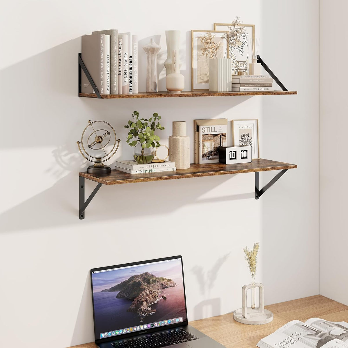 Heimlove Deep Floating Shelves for Wall, 30W x 8D Wood Wall Shelves Set of 2, Wide Floating Bookshelf for Living Room, Kitchen, Office, Bedroom and Decor Storage, with Metal Bracket - Rustic Brown