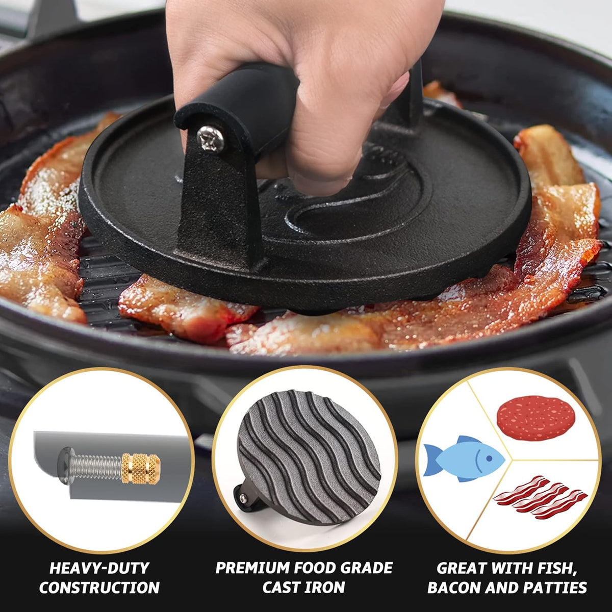 Smash Burger Press for Griddle, 2 lb Heavy Duty Burger Smasher Tool with Heat-Resistant Handle, Premium Cast Iron Bacon & Sandwich Maker, Hamburger Press for BBQ Grilling Accessories, 5-Year Warranty