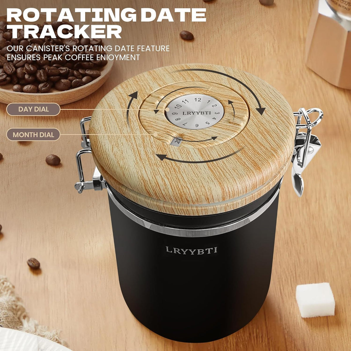 Airtight Coffee Canister,Stainless Steel Coffee Bean Storage Container with Scoop Date Tracker & CO2 Release Valve for Beans, Grounds and more- Black