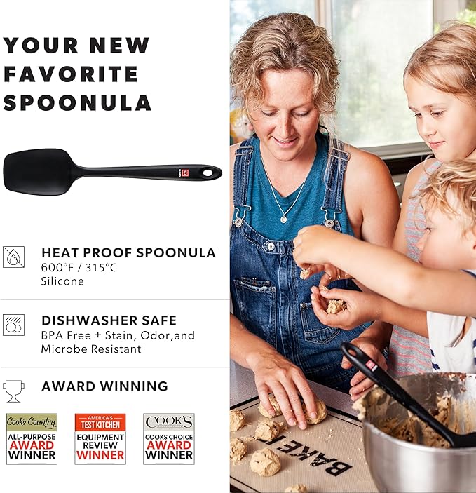 DI ORO Seamless Series Silicone Spoon Spatula - BPA Free Pro-Grade Non-Stick 600ºF Heat-Resistant Rubber Spoonula - Versatile Silicone Kitchen Scraper Utensil for Baking and Cooking (Black)