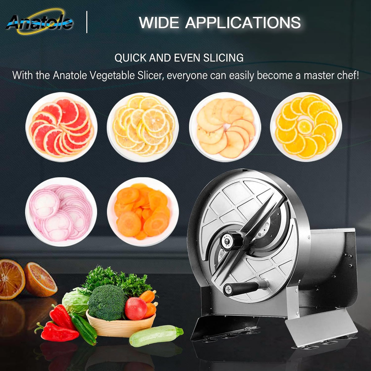 Anatole Commercial Vegetable Slicer Stainless Steel for Tomato Onion Potato Lime 0-0.5'' Thickness Adjustable Manual Fruit Cutter with 6 Suction Cups