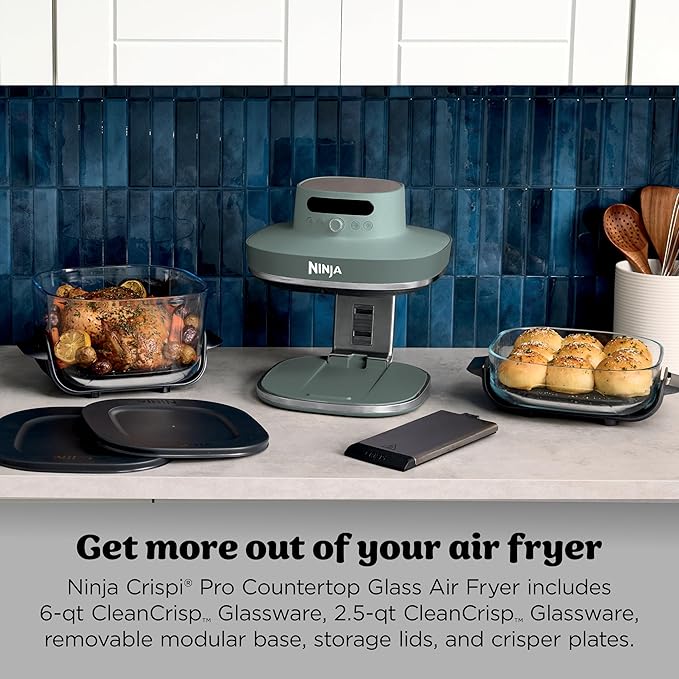 Ninja Crispi Pro 6-in-1 Glass Air Fryer | 450°F, Nontoxic, 6qt & 2.5qt Containers & Lids | Microwave, Freezer, Dishwasher Safe | Max Crisp, Air Fry, Bake, Roast, Recrisp, Dehydrate | Ash Grey, AS101DG