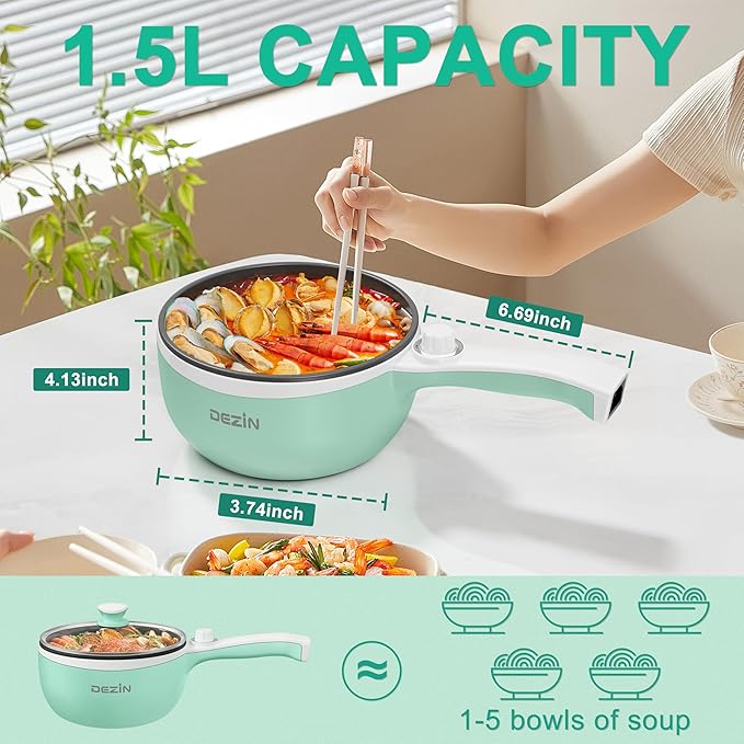 Dezin Hot Pot Electric Upgraded, Non-Stick Sauté Pan, Rapid Noodles Electric Pot, 1.5L Mini Portable Hot Pot for Steak, Egg, Fried Rice, Ramen, Oatmeal, Soup with Power Adjustment