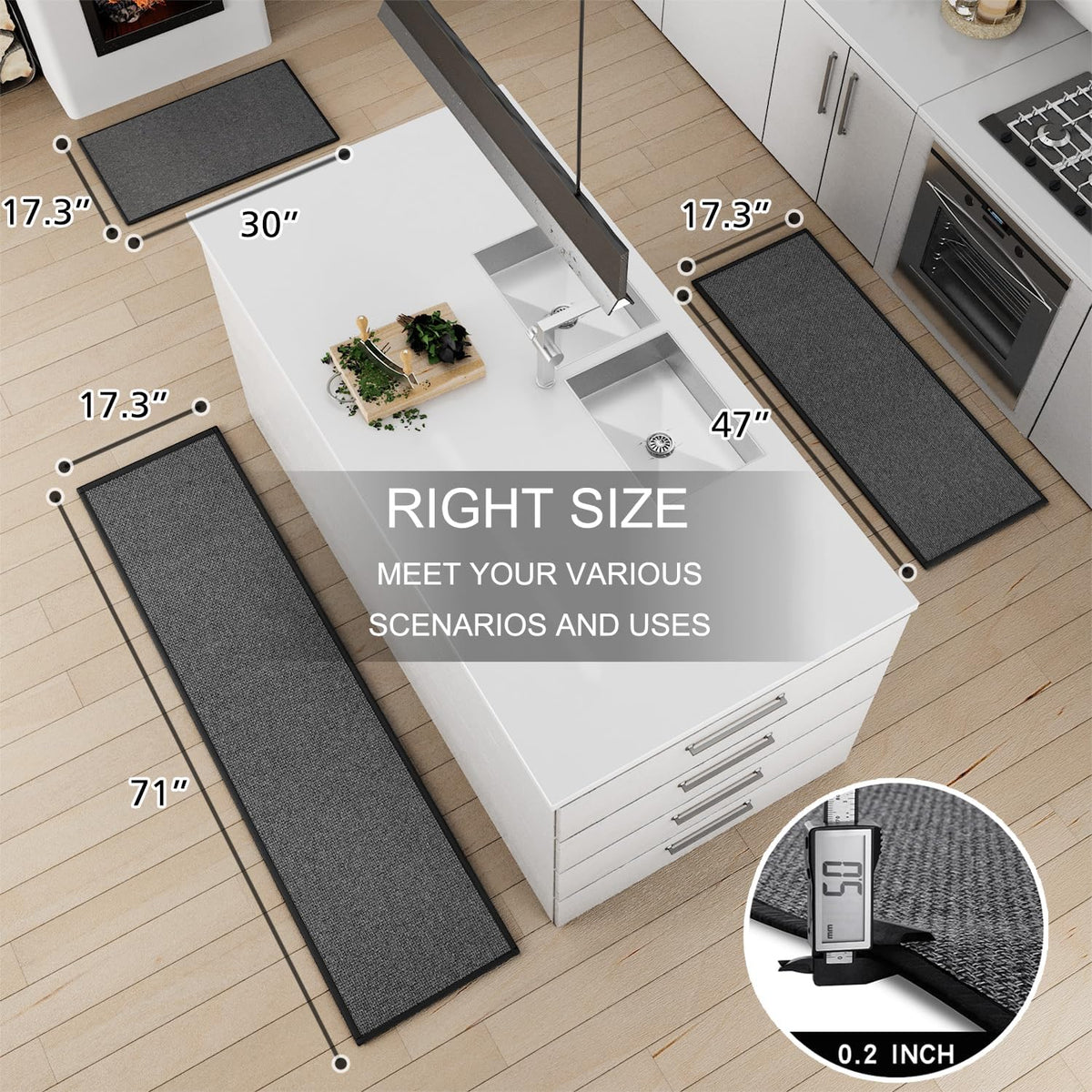 Kitchen Mat Set of 2 PCS, Cushioned Non Slip Rugs for Kitchen Floor, Absorbent Runner Comfort Standing Mats Washable for Kitchen, Office, Home (Black, 17.3"x30"+17.3"x71")