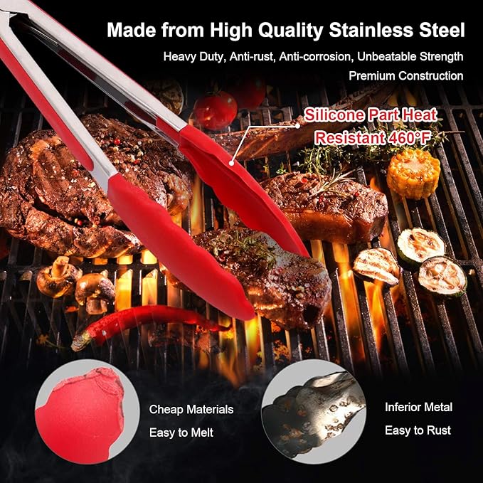 Kitchen Tongs with Silicone Tips - ForTomorrow Set of 5, 7 9 Inch Premium Silicone Tipped Tongs for Cooking Heat Resistant, Serving Food, BBQ