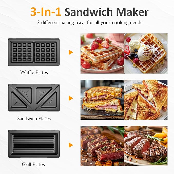 Sunvivi Pro Waffle Maker with Removable Non-stick Plates, Electric Sandwich Maker 3 in 1 Panini Press Grill, with Glass Top, Cool Touch Handle & Easy to Clean, 850W