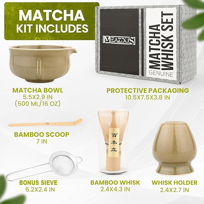 Matcha Whisk Set – 5 Piece Japanese Matcha Tea Set w/Ceramic Matcha Bowl, 100-Prong Bamboo Whisk & Holder, Scoop, & Stainless Sifter – Traditional Matcha Making Kit (Mottled Green)