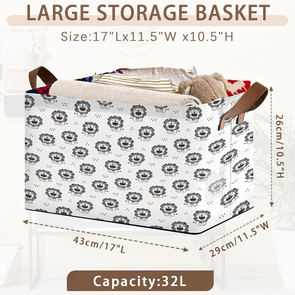 Wild Animal Storage Basket Large 17x11.5x10.5 Inche-Collapsible Fabric Organizer Bin with Handles for Nursery, Kids Room, Safari Theme-Decorative Hamper with Playful Lion Silhouette Design-Single Pack