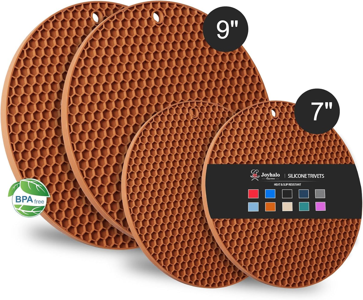 Joyhalo Trivets for Hot Dishes - Hot Pads for Kitchen, Silicone Pot Holders for Hot Pots and Pans, Silicone Mats for Kitchen Countertops, Table, Flexible Easy to Wash and Dry, Brown