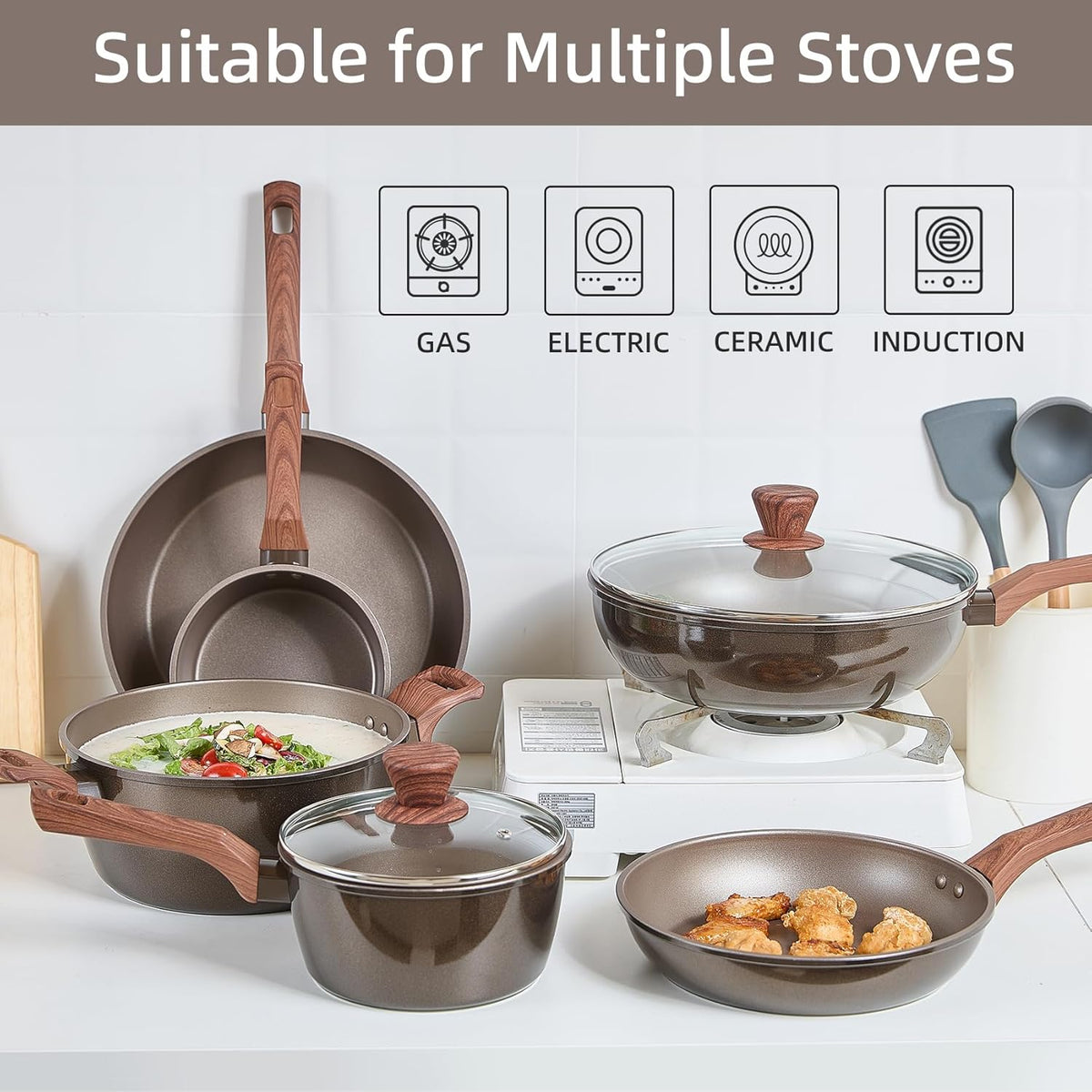 12Pcs Pots and Pans Set, Nonstick Cookware Sets, Non Stick Pots and Pan Set with Frying Pans, Saucepans, Steamer Silicone Shovel Spoon