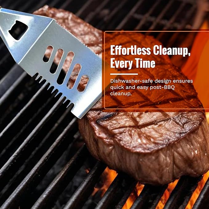 Grill Masters Club 4-in-1 BBQ Spatula | Multifunctional Stainless Steel Grill Spatula with Polypropylene Handle, Serrated Edges, Bottle Opener | Perfect for BBQ grills, kebabs for Camping & Picnics
