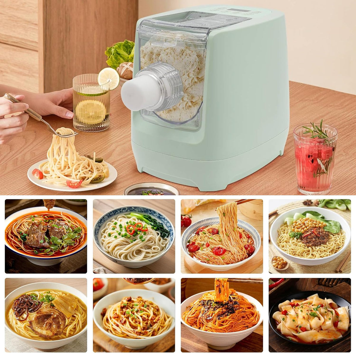 260w Automatic Pasta Machine, Electric Pasta Noodle Machine, 12 Noodle Shapes Pasta Machine With Measuring Cup,Capacity 0.6kg/ 1.32lbs,Can Make Long Noodles, Spaghetti, Macaroni (Green)