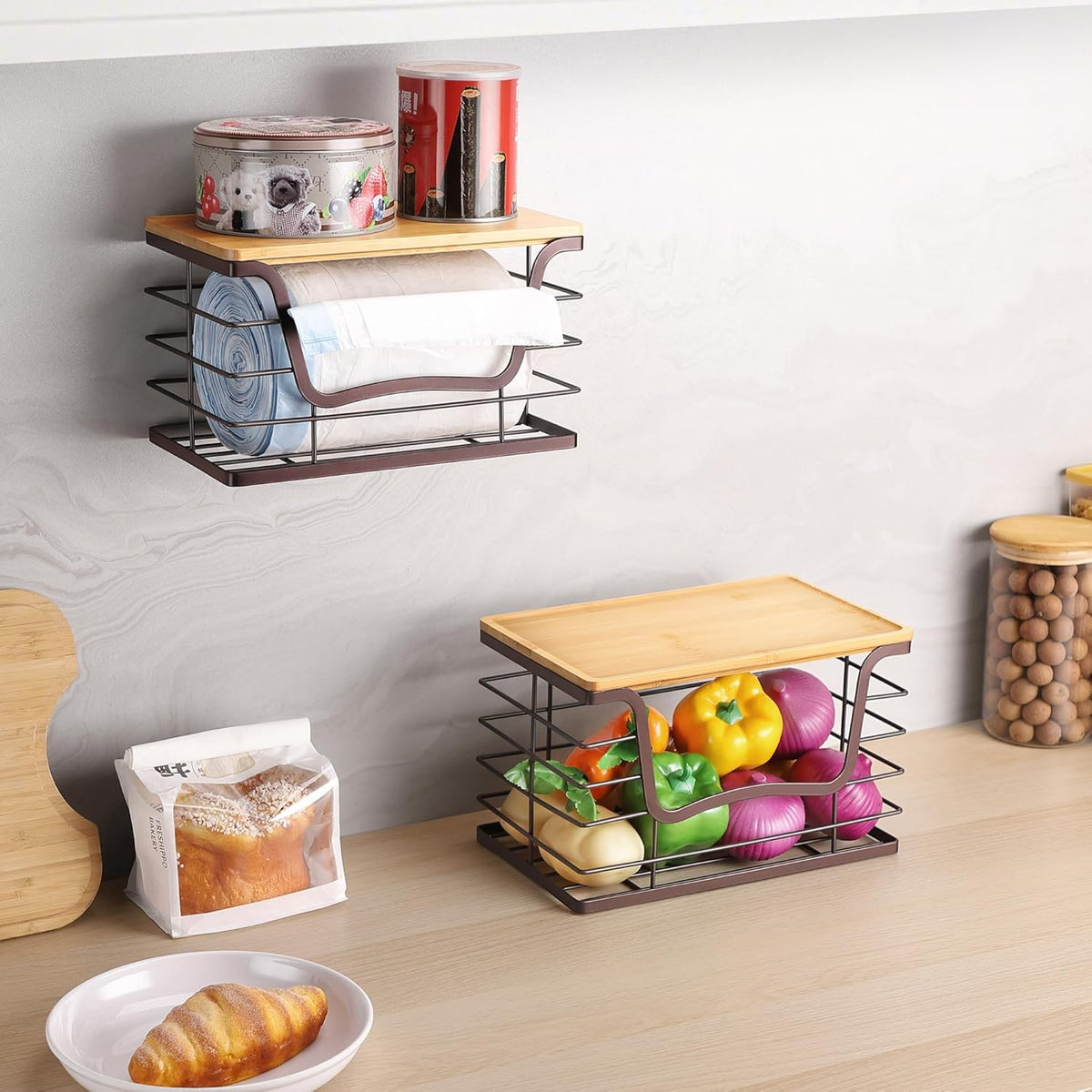Trash Bag Dispenser Holder for Kitchen 2 Pack Brown Finish Garbage Bag Organizer Wall Mount Stackable Bin with Bamboo Lid for Countertop, Under Sink, Laundry Room
