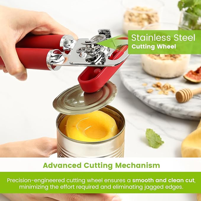Spring Chef Stainless Steel Can Opener - Manual with Soft Grip Handles, Easy Turn, Heavy Duty Hand Can Opener for Seniors with Smooth Edge - Red