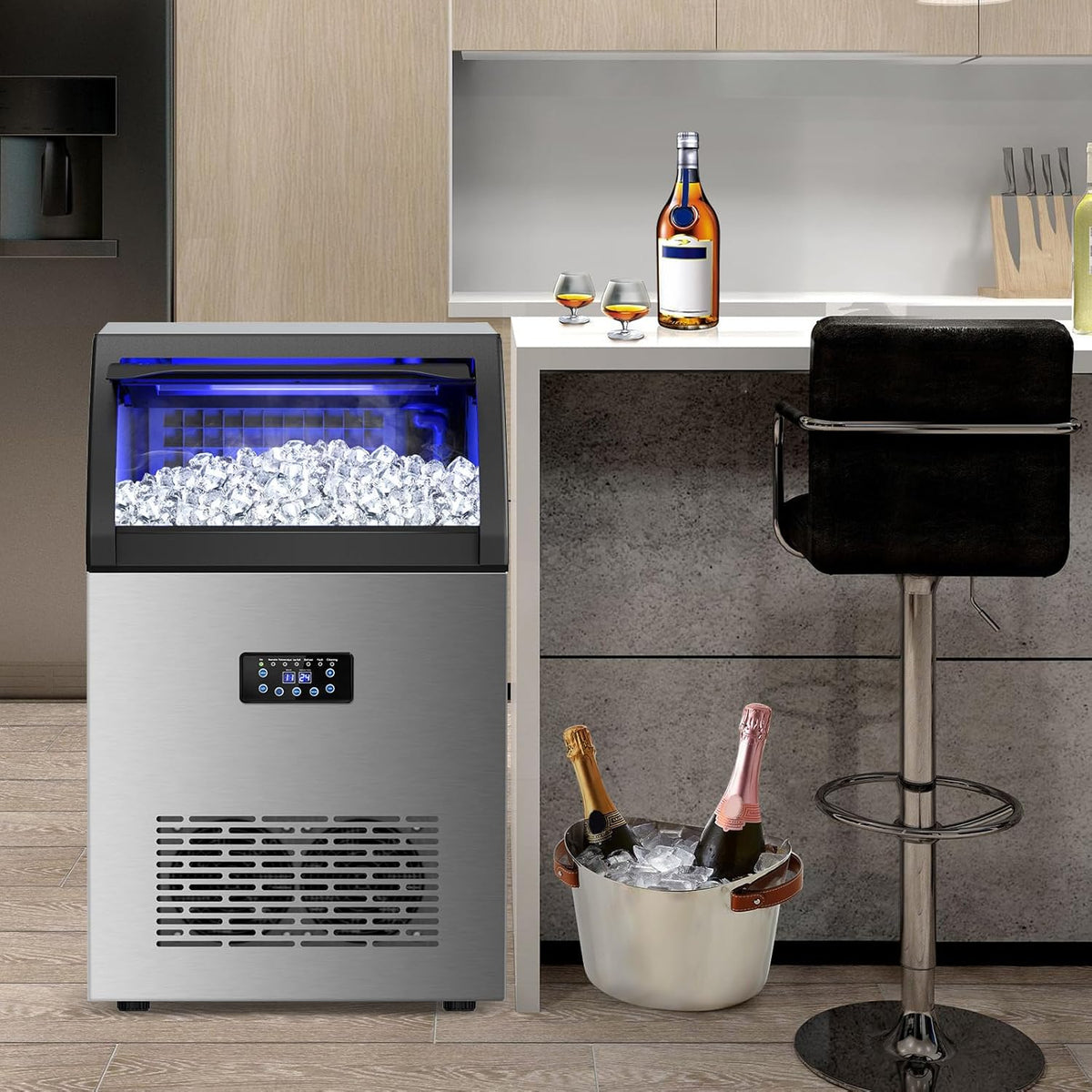 Commercial Ice Maker Machine, 150lbs/24H with 45Lbs Storage Bin, 55Pcs Ice Cubes 8Mins, Tap Add Water Freestanding Ice Maker Commercial for Home Bar Office