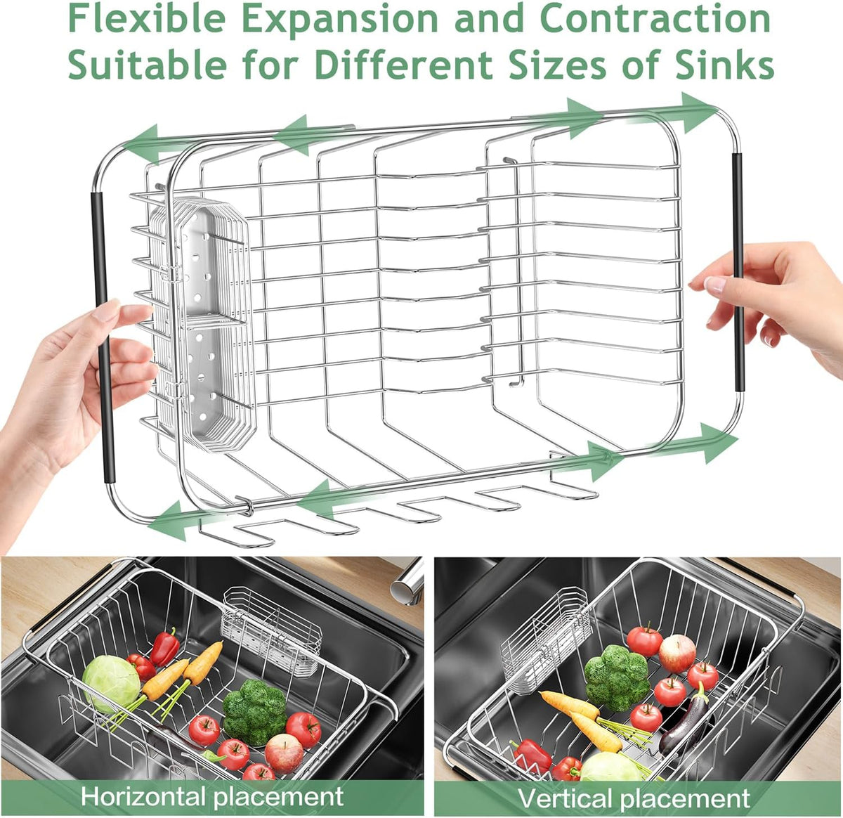 Small Dish Drying Rack in Sink, Extendable Stainless Steel Dish Drainers for Kitchen Counter, Anti-Rust Dish Dryer Rack with Utensil & Cup Holders, for Inside Sink, Over The Sink(for 1-2 People)