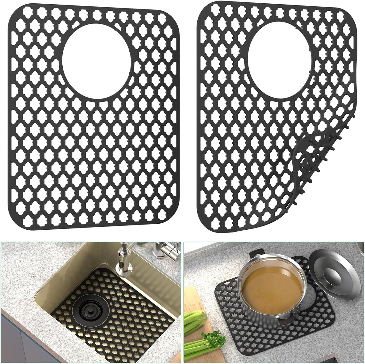 TOOVEM Kitchen Sink Mats, 2PCS Non-Slip Heat Resistant Silicone Sink Protector Mat, Folding Farmhouse Rear Drain Sink Mats, Side Drain, Black