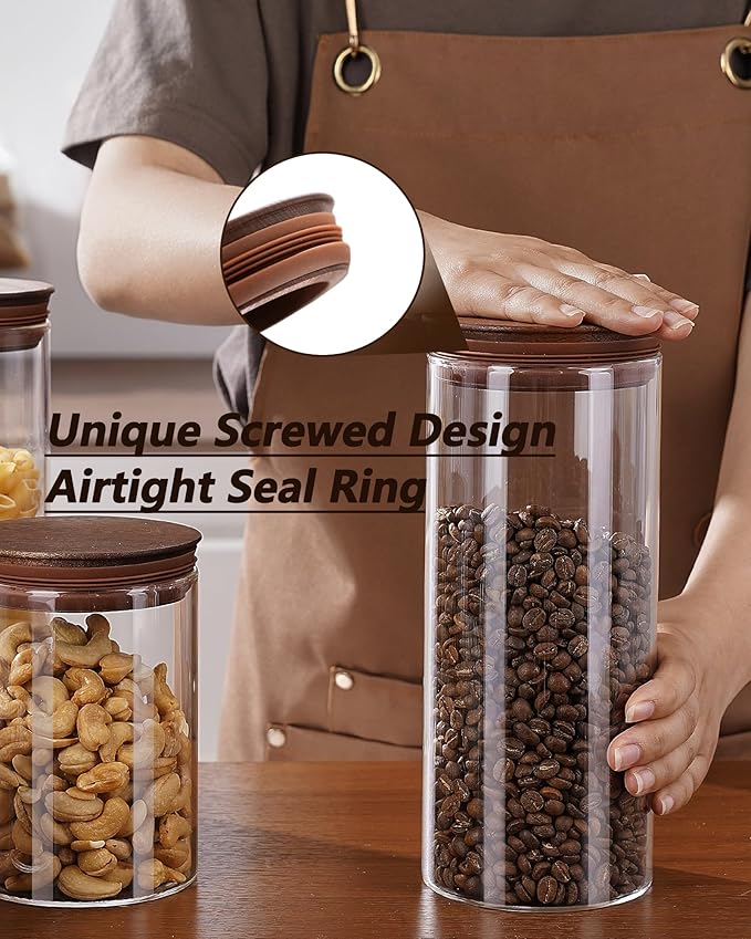 2PCS of 50floz Round Coffee Canister with Wooden Lids, Airtight Glass Coffee Jars for Ground Coffee, Coffee Beans Storage Container