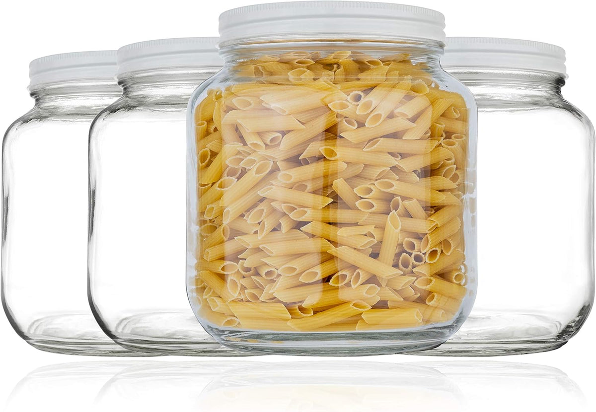 kitchentoolz Half Gallon Mason Jar Wide Mouth with Airtight Metal Lid - Safe for Fermenting Kombucha Kefir - Curing Pickling, Storing and Canning - BPA-Free Dishwasher Safe (White Lid, 4)
