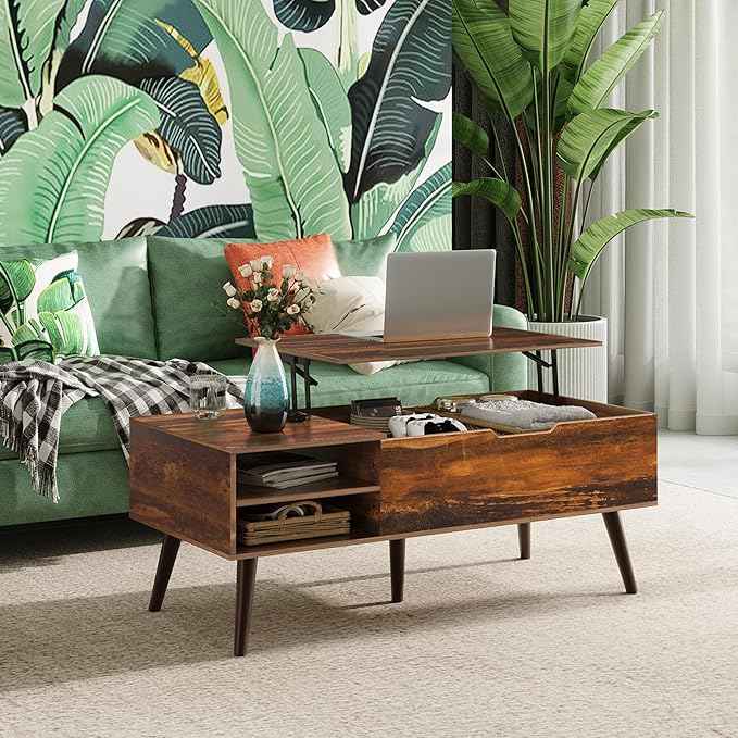 WLIVE Coffee Table, 47“ Lift Top Coffee Tables with Adjustable Storage Shelf and Hidden Compartment, Lift Tabletop Dining Table for Living Room, Rustic Oak