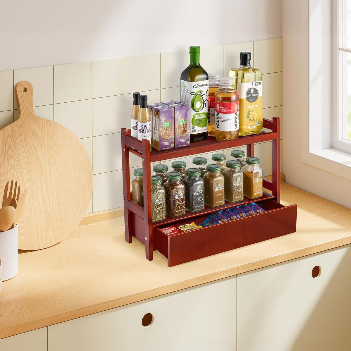 Sorbus Bamboo Bathroom Counter Organizer – 2-Tier Shelf with Hidden Drawer for Vanity, Matcha Station, Bathroom Sink Organizer Countertop, Kitchen & Office Storage (17″ L x 6.5″ W x 12.6″ H) (Brown)