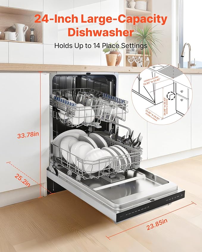 VEVOR 24 Inch Built-In Dishwasher, Stainless Steel Tub, 14 Place Settings and 8 Washing Programs, 23.82 x 25.2 x 33.78 Inch Low-Noise Dishwashing Machine with Upper/Lower Racks and Zoned Storage