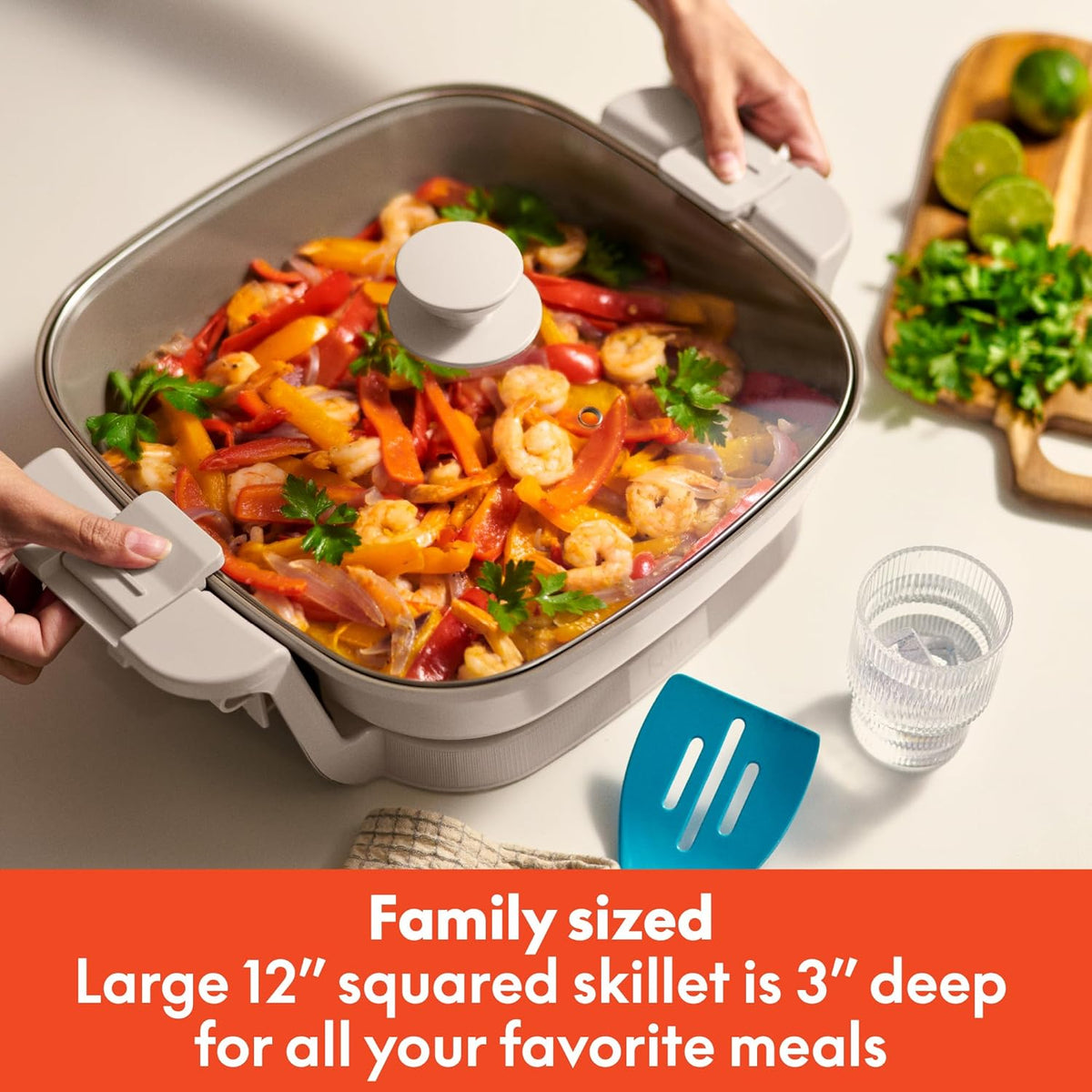 bella Make & Take Electric Skillet, Fits-anywhere™ kitchenware, EverGood™ Ceramic Coating, Adjustable Temperature & Dishwasher-Safe Tempered Glass Lid, Cast Aluminum Base, 1200 Watt, Oatmilk