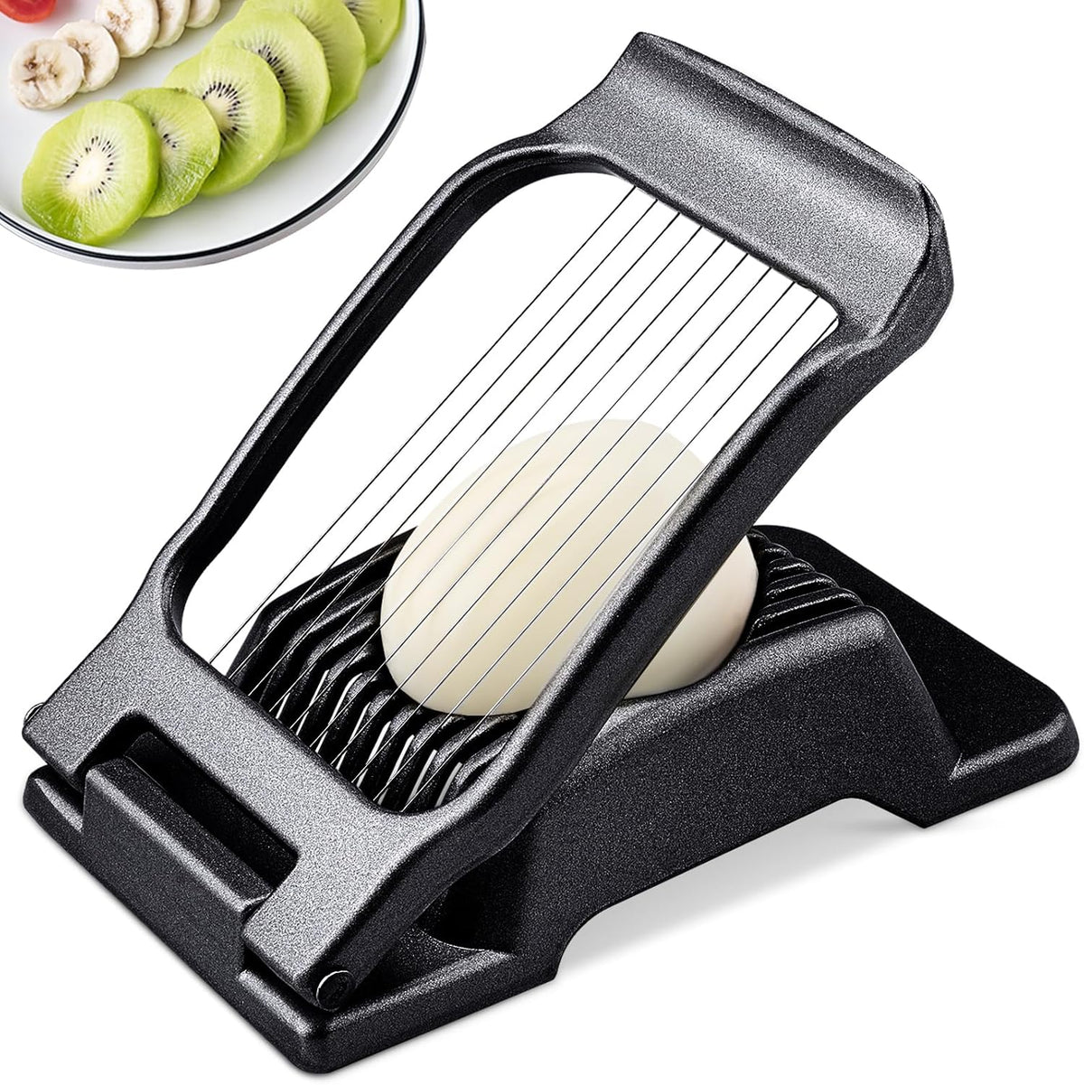 BIBURY Egg Slicer, Egg Cutter for Hard Boiled Eggs, Heavy Duty Aluminium Slicer for Egg Mushroom Strawberry Soft Fruit, Stainless Steel Wires, Dishwasher Safe & Easy to Clean (Black)