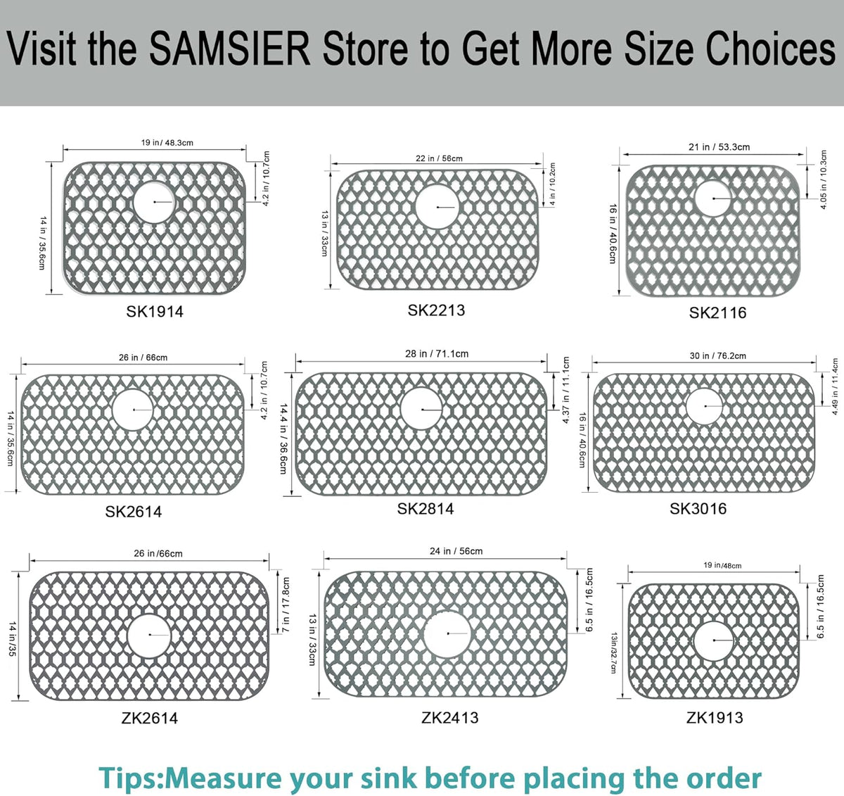 Sink Protectors for Bottom of Kitchen Sink 13x11 &16x12 &21x16 &22x13 &24x13 &26x14 &28x14 &30x16, Large Farmhouse Silicone Mats Grid (19”x14”, Rear Drain)