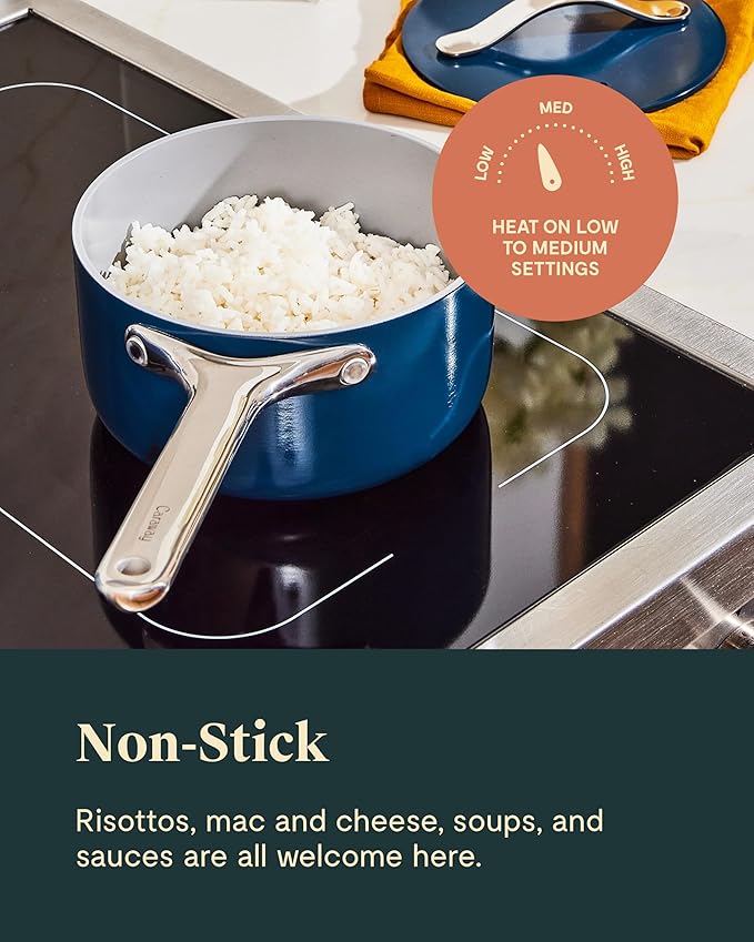 Caraway Nonstick Ceramic Sauce Pan with Lid (1.75 qt) - Non Toxic, PTFE & PFOA Free - Oven Safe & Compatible with All Stovetops (Gas, Electric & Induction) - White