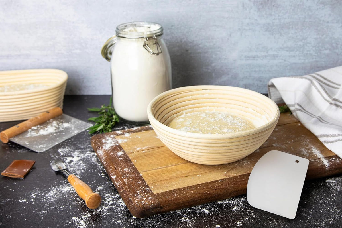 Kook Proofing Set, Sourdough Bread, 2 Rattan 9 Inch Banneton Baskets, 2 Basket Covers, Metal Scraper, Plastic Scraper, Scoring Lame, 5 Blades and Case, Baking Kit, Dough Bowls, Round Shape