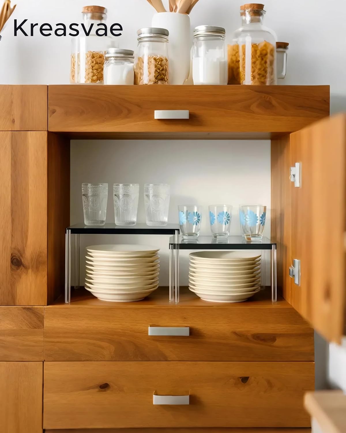 Cabinet Organizer Acrylic Spice Rack, 4 Pack Stackable Shelf Riser for Kitchen Pantry Countertop, Expandable Storage Organizer for Bathroom Office