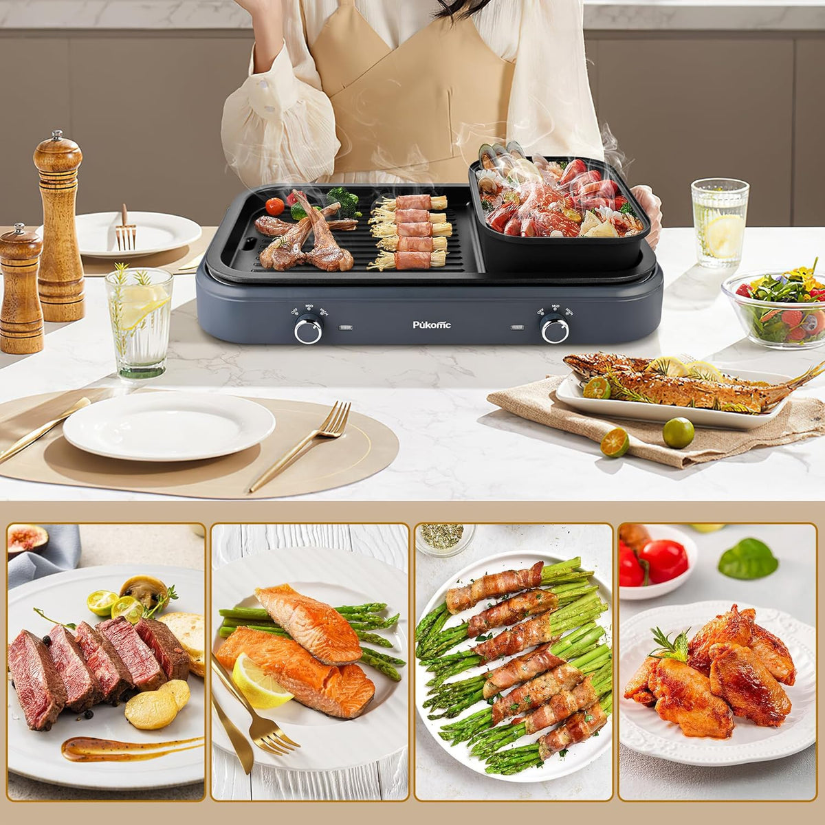 Pukomc Electric Hot Pot with Grill，2 in 1 Korean BBQ Grill Shabu Shabu Hot Po， 1500W / Temperature Control, Quick Heating Detachable Hot Pot and Baking Tray，gray
