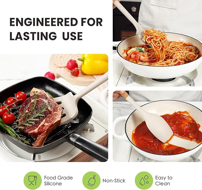 Large Silicone Cooking Utensils Set 7 Pcs, Wooden Handles Heat Resistant Spatula Set, Food Grade Silicone Kitchen Utensils Set with Holder, Gadgets BPA Free for Non-Stick Cookware