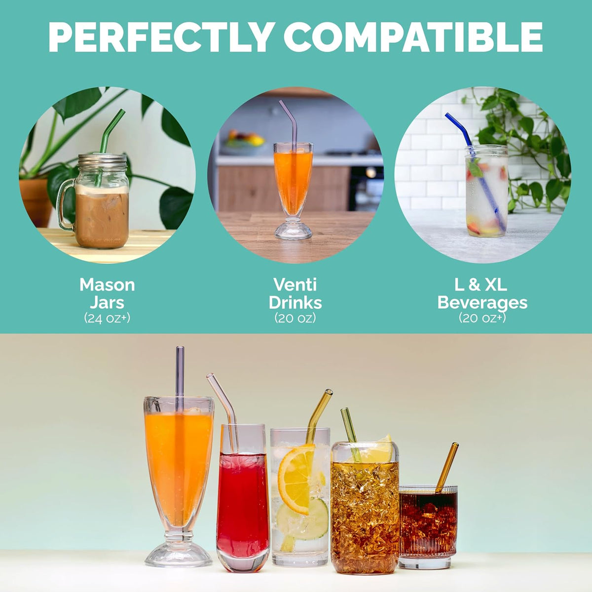 Simply Straws 8 Inch Glass Straws Bent (6-Pack) – Reusable Glass Straws for Pints & Juice Drinkware, with Cleaning Brush – Dishwasher Safe, Hot & Cold Use, BPA-Free (Seaglass)