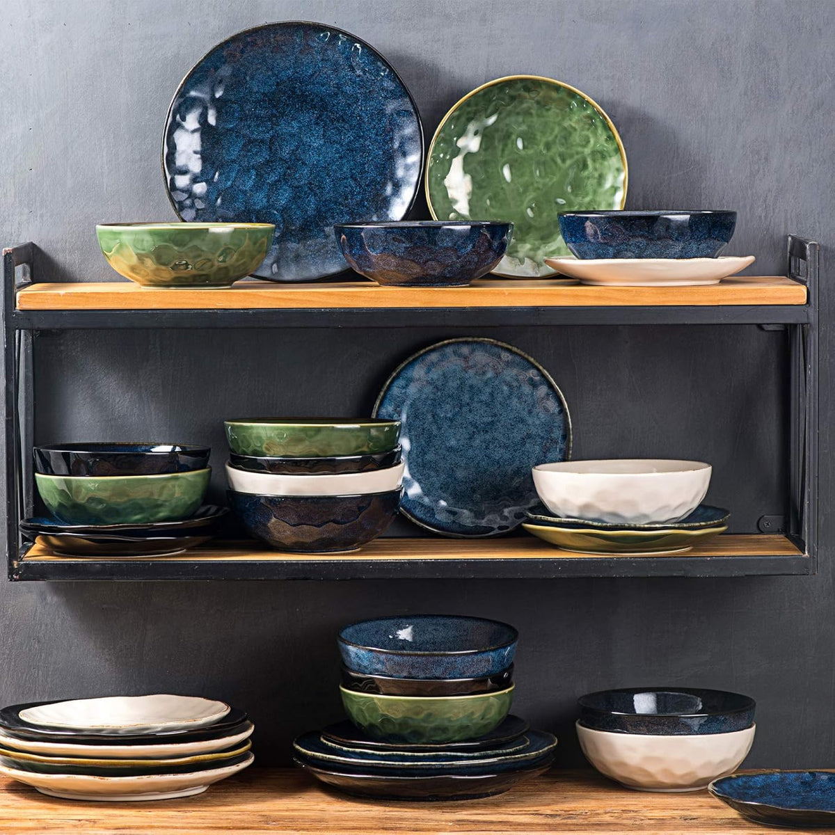 vicrays Ceramic Salad Bowls Set for Kitchen, Serving - 32 Ounce Soup Bowls, Pasta Bowls, Chip Resistant, Dishwasher Microwave Safe, Large, Fluted, stoneware, Set of 6 (Blue)
