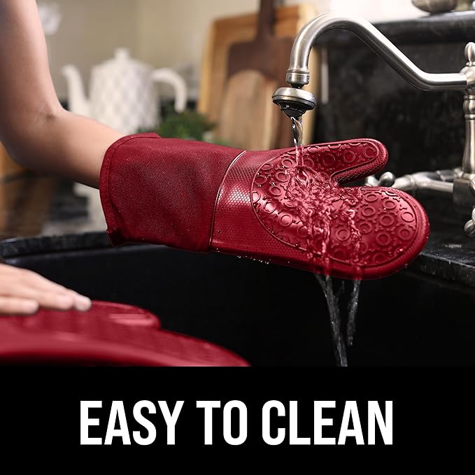 BPA-Free Silicone Oven Mitts Ultra Heat Resistant up to 500°F - Oven Mitts with Thick Cotton Liner - Long Slip Resistant Pot Holders, Flexible Oven Gloves - Empire Red 13.7