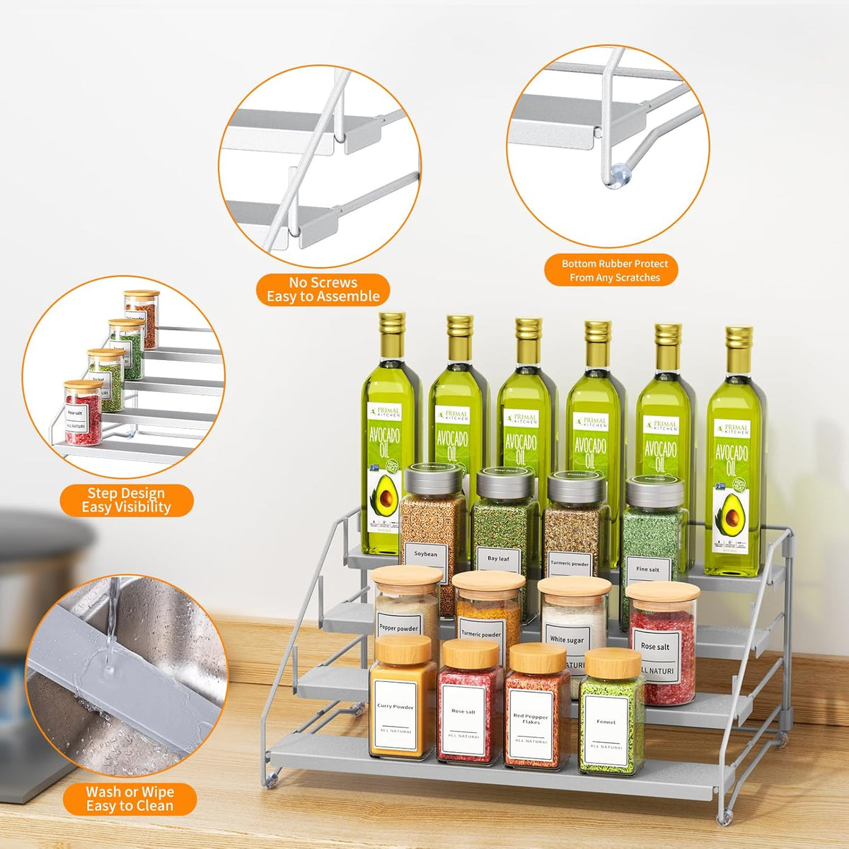RCHYFEED 4 Tier Spice Rack Organizer, Spice Organization for Cabinet,Pantry, Countertop,Tiered Spice Rack Easy Visibility,Depth Expandable Seasoning Shelf for Kitchen Cabinet Organizer,Silver
