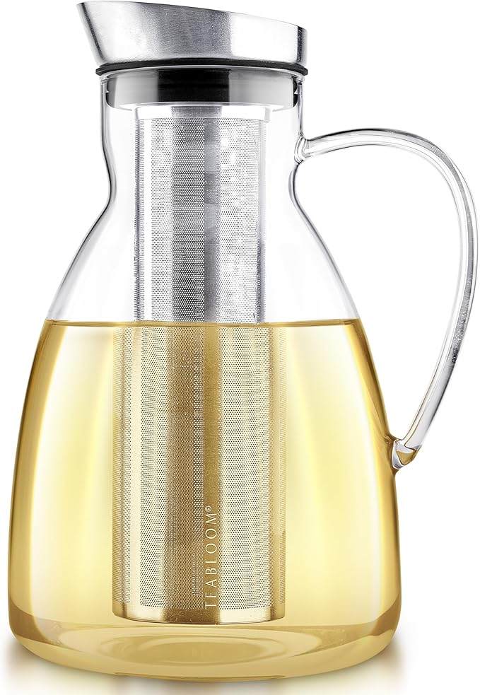 Teabloom Extra-Large Multi-Brew Borosilicate Glass Teapot + Kettle + Pitcher (85 OZ / 2.5 L / 10 CUPS) – Brew and Serve Hot Tea, Iced Tea, Cold Brew Tea and Fruit Infused Water – Solstice Tea Maker