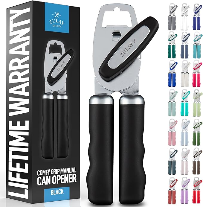 Zulay Kitchen Heavy Duty Stainless Steel Can Opener Manual with Bottle Opener - Rust Proof Manual Can Opener With Turn Knob & Comfy Soft Grip Handles - Black
