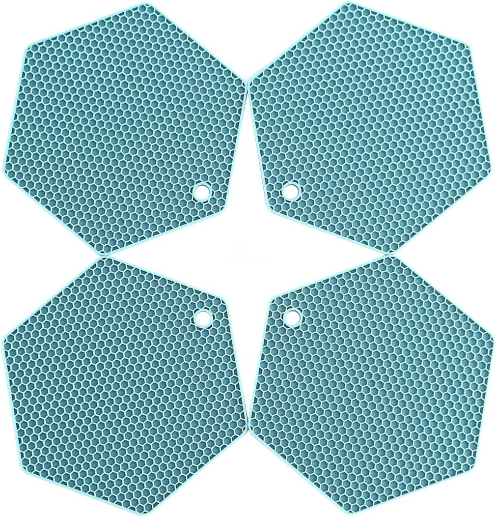 4 Packed Silicone Trivet Mats - DIY Different Size Dish Drying Mat, Hot Pot Holder for Pots & Pans, Non-Slip & Heat Resistant Kitchen Hot Pads for Countertops & Table, Turquoise