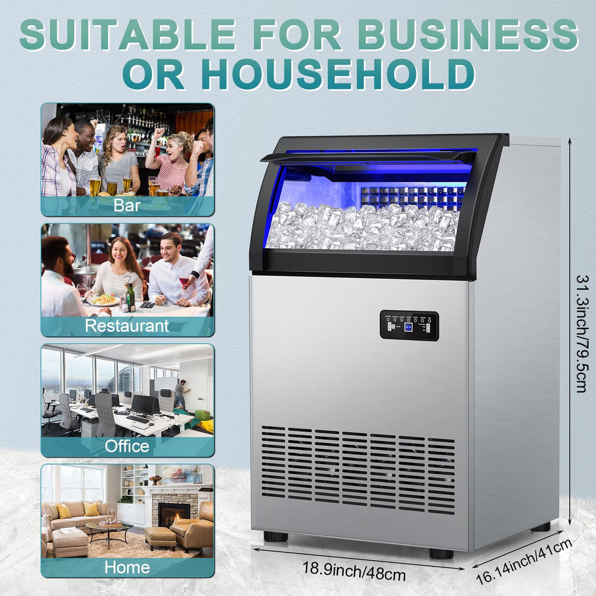 Commercial Ice Maker 260Lbs/24H, Ice Machine 72pcs Ice Cubes, Freestanding Ice Maker Machine with Water Line and Filter, 55Lbs Storage Ice Bin, Stainless Steel Undercounter Ice Maker for Home,Shop,Bar