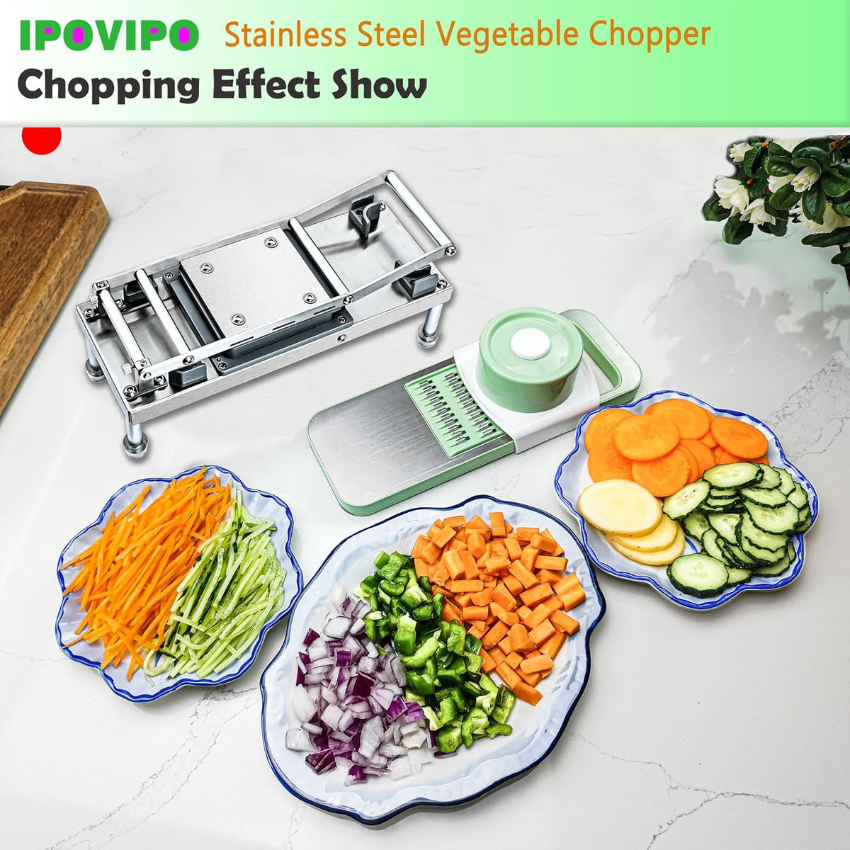 Stainless steel Vegetable Chopper, Veggie Chopper With 8 Blades, Onion Dicer with Container, Food Cutter & Grater Mandoline Slicer