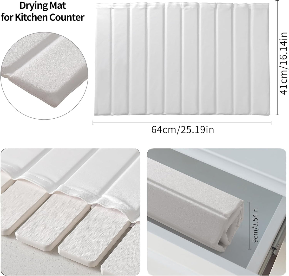 Stone Drying Mat for Kitchen Counter, Collapsible Diatomaceous Earth Dish Drying Mats, Supe Absorbent Quick Dry Stone Mat Kitchen，PU Leather Surface Removable and washable (White, 23.6”x15.4”)